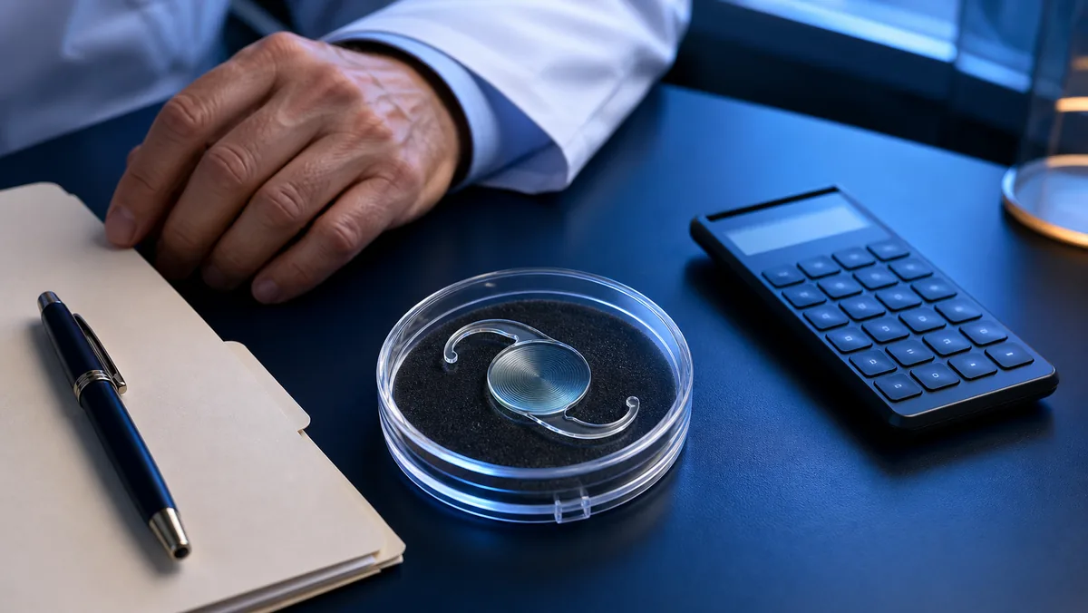 Mesa de consulta com suporte de lente intraocular, calculadora e material de planejamento.