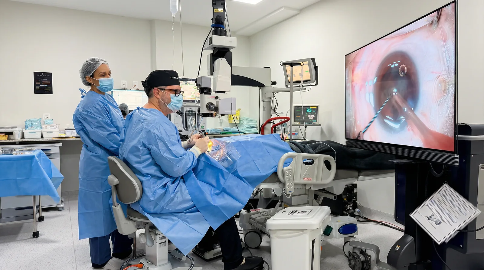 Dr. Augusto Legnani e instrumentadora durante cirurgia de catarata no OFTA VITTA, fase de implantação da LIO