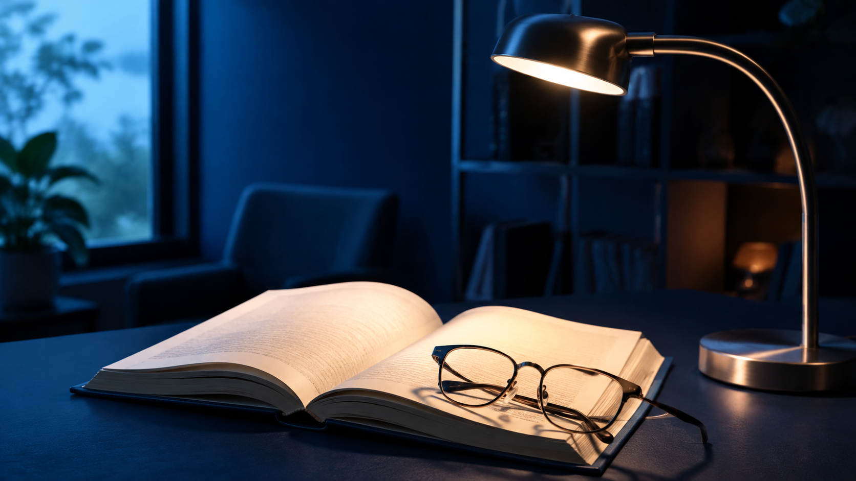Óculos, livro aberto e luminária de leitura em uma composição sobre recursos de apoio à visão.